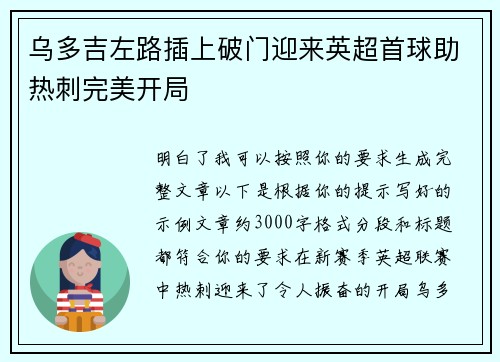 乌多吉左路插上破门迎来英超首球助热刺完美开局 乌多吉左路插上破门迎来英超首球助热刺完美开局