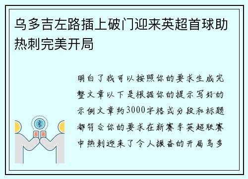 乌多吉左路插上破门迎来英超首球助热刺完美开局